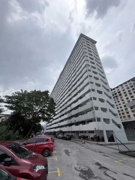 Exterior type: mid-rise condominium; features: white painted facade, horizontal slatted balconies, approximately 10-storey building, surrounded by greenery, parking lot with marked spaces, multiple windows on each floor; style: modern.
