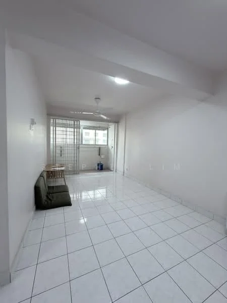 Living features: white painted walls, glossy white tile flooring, ceiling fan, large windows with sheer curtains, natural light, open layout, minimalist decor, corner seating area; style: modern; view: city.