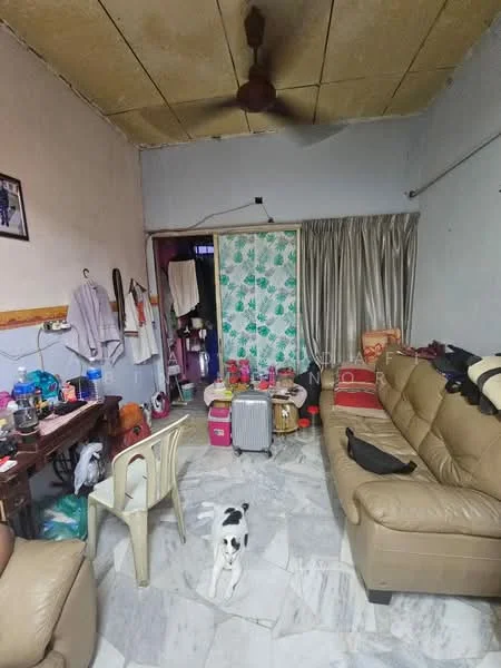 Living features: cream leather sofa, marble flooring, ceiling fan, curtains, wall-mounted artwork, dining table, various household items on table, white walls, exposed ceiling, decorative wall with floral pattern, dog on the floor.