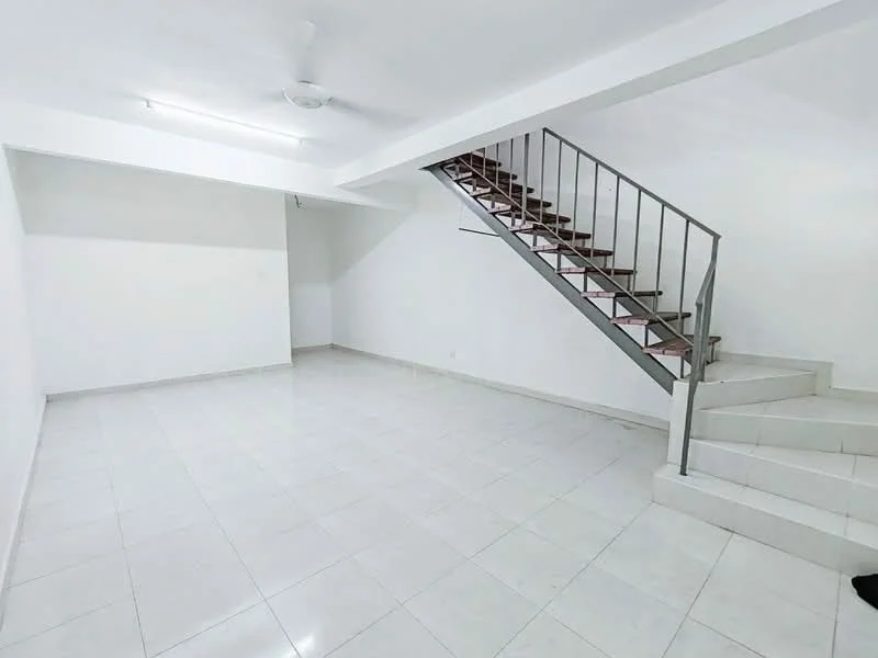 Room features: white painted walls, white ceiling, ceramic tile flooring, staircase with metal railing, open layout, natural light from windows, no visible furniture, neutral color scheme; style: modern.