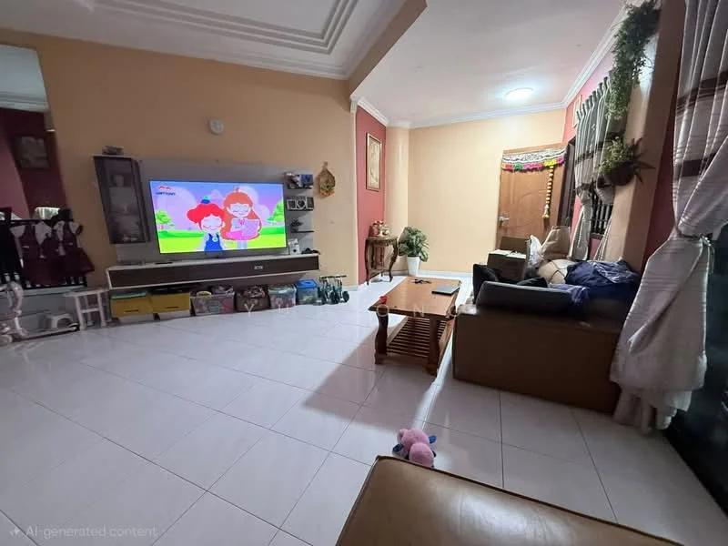 Living features: cream painted walls, white ceiling with crown moulding, white tiled flooring, 3-seater brown leather sofa, wooden coffee table, TV console with storage, wall-mounted TV, decorative wall art, curtains with tiebacks, shelves with decorative items, plush toy on the floor; style: modern.