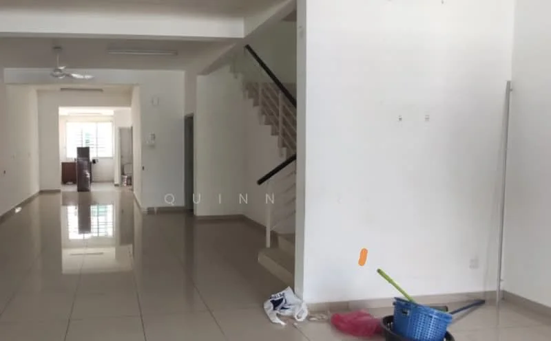 Room features: white painted walls, glossy ceramic tile flooring, staircase with wooden railing, ceiling fan, large windows allowing natural light, open layout, clean and minimal decor, no visible furniture; style: modern.