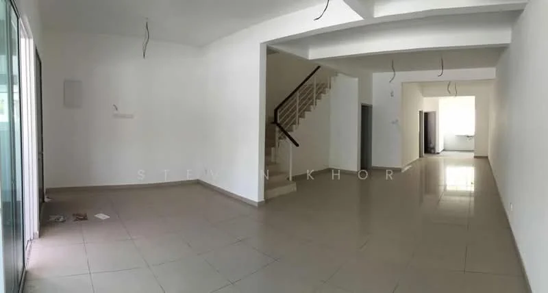 Living features: white painted walls, tile flooring, exposed ceiling beams, large sliding glass door, staircase with wooden handrail, multiple ceiling light fixtures, open layout, natural light from windows; style: modern. Room features: white painted walls, tile flooring, doorway leading to another room, natural light from windows.