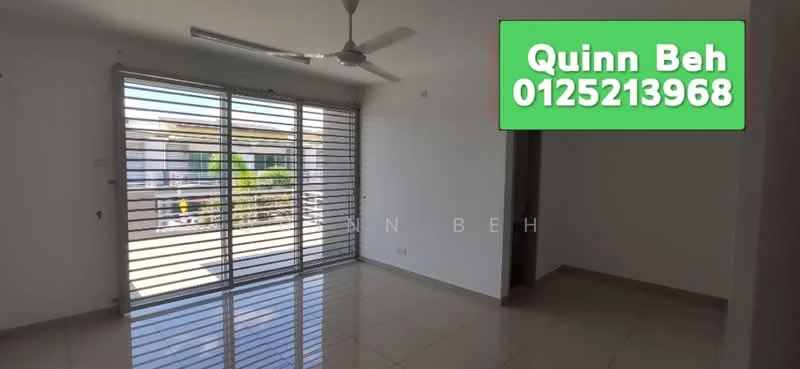 Living features: sliding glass door, floor-to-ceiling windows, white painted walls, cream tiled flooring, 5-blade ceiling fan, roller blinds, open layout, natural light, view of outdoor space; style: modern; view: garden.