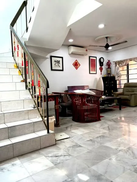 Living features: marble flooring, white painted walls, 5-blade ceiling fan with light, wall-mounted air conditioning unit, sofa in beige, coffee table, wooden armchair, decorative wall art, side table, curtains on windows, staircase with metal railing; style: modern.