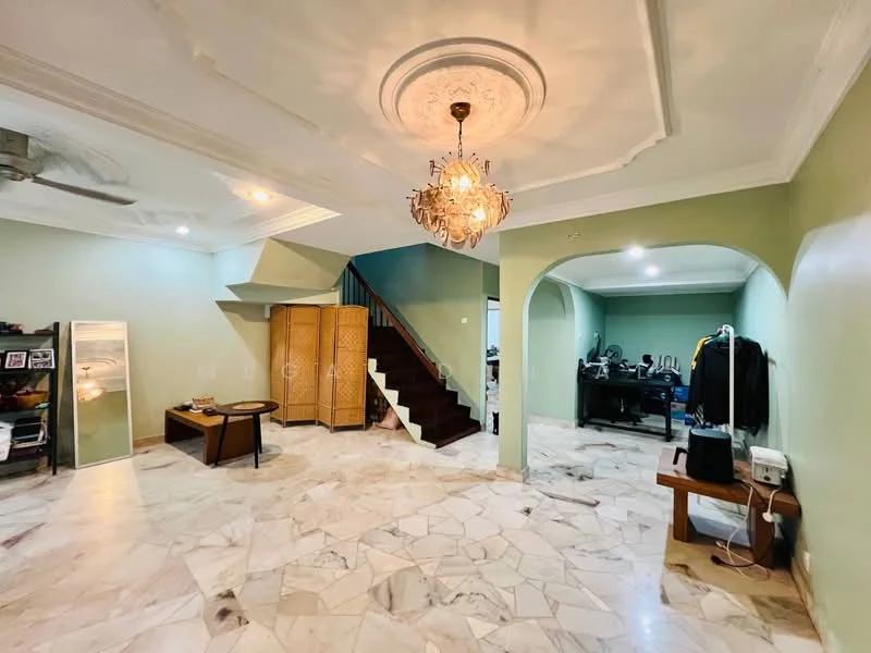 Living features: marble flooring, green painted walls, tray ceiling with chandelier, ceiling fan, arched entryway, wooden staircase, decorative wall panels, large windows, open layout; style: modern. Room features: marble flooring, green painted walls, arched entryway, open layout.