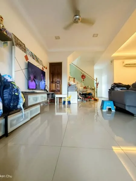 Living features: grey fabric sofa, coffee table, wall-mounted TV, TV console with storage, ceiling fan, recessed downlights, large windows, marble tile flooring, decorative wall with photo frames, open space layout, staircase in background, air conditioning unit; style: modern.