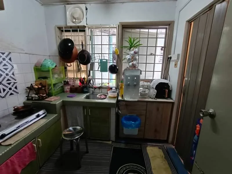 Kitchen features: green cabinetry, grey countertop, single-bowl stainless-steel sink, chrome pull-down faucet, wall-mounted water dispenser, stove with exhaust hood, black frying pans on rack, various utensils and kitchenware, window with metal grille, decorative plant on windowsill, black stool, striped area rug.