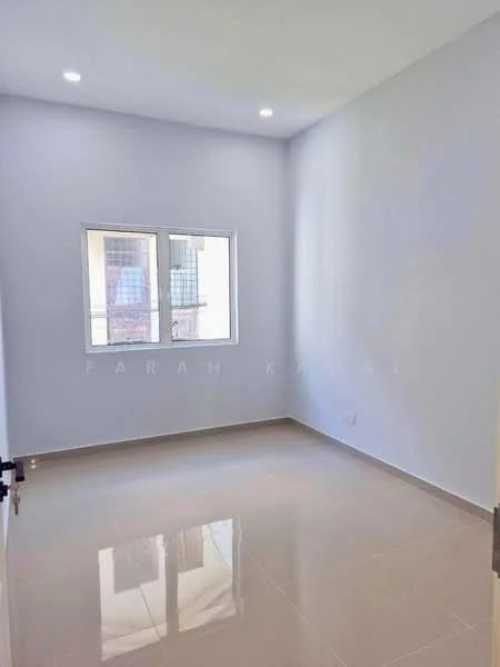 Room features: light grey painted walls, glossy beige tile flooring, recessed downlights, single window with white frame, no visible furniture or decor; style: modern.