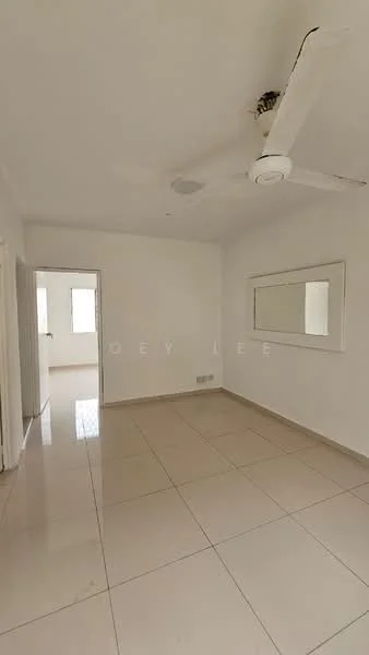Room features: white painted walls, glossy ceramic tile flooring, ceiling fan, mirror on wall, two windows, neutral color scheme, no visible furniture, bright lighting; style: modern.