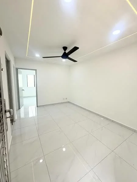 Room features: white painted walls, glossy ceramic tile flooring, 5-blade ceiling fan, recessed LED downlights, sliding door, door frame, neutral color scheme, no visible furniture; style: modern.