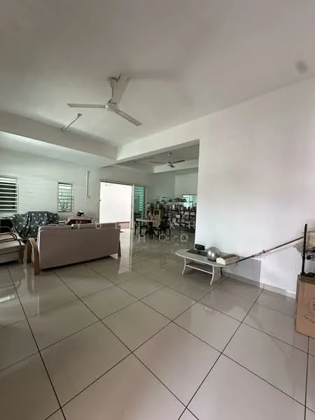 Living features: white painted walls, glossy ceramic tile flooring, ceiling with recessed lighting, 2-blade ceiling fan, large windows with horizontal slats, open layout, sofa set, coffee table, dining area visible in background; style: modern.