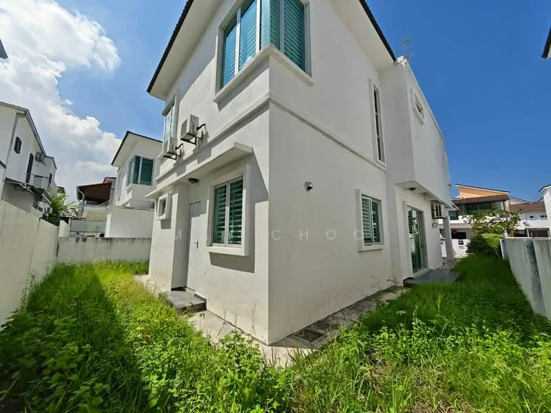 Exterior type: detached bungalow; features: white painted facade, two-storey structure, sliding windows with green shutters, concrete pathway, unlandscaped garden area, surrounding grass, corner lot, visible neighboring houses; style: modern.