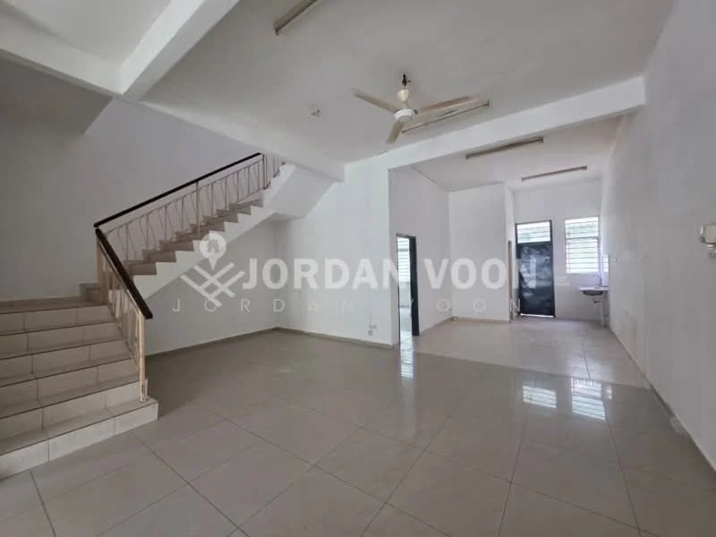 Living features: white painted walls, polished ceramic tile flooring, 5-blade ceiling fan, large windows with natural light, open layout, staircase leading to upper floor, no visible furniture, neutral color scheme; style: modern. Kitchen features: white painted walls, polished ceramic tile flooring, kitchen area with countertop, window for ventilation, no visible appliances, open layout connecting to living area; style: modern.