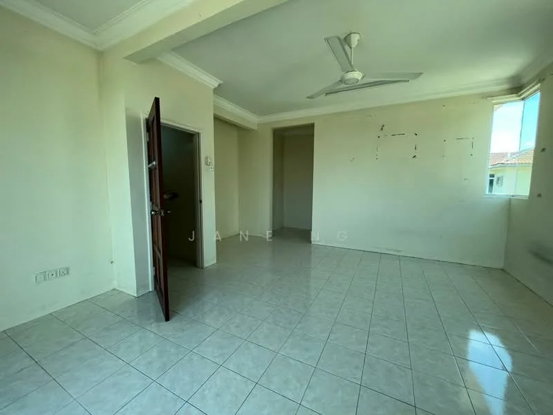 Room features: white painted walls, ceramic tile flooring, ceiling fan, single window, door leading to another room, natural light from window, crown moulding, empty walls.