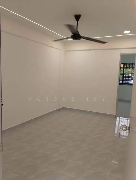 Room features: white painted walls, grey tiled flooring, 5-blade ceiling fan, recessed LED downlights, window with black grille, door with knob handle; style: modern.