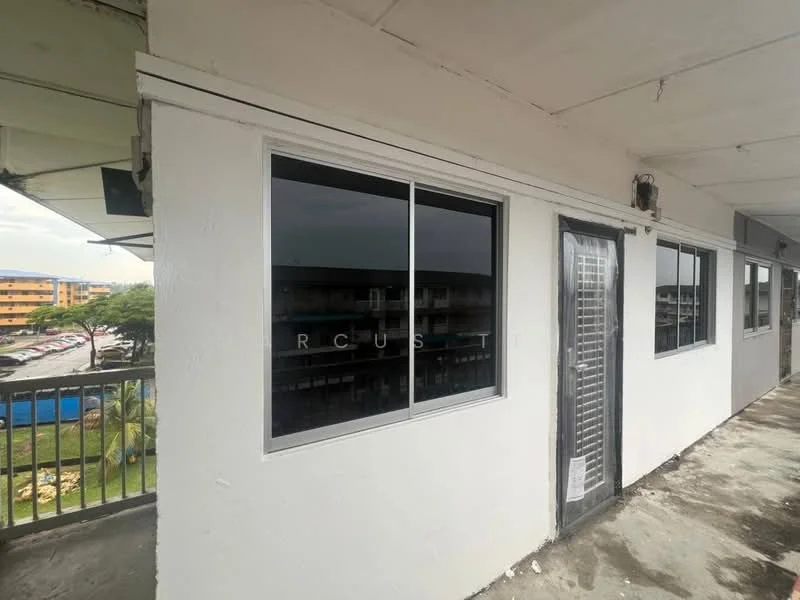 Exterior features: white painted facade, sliding glass windows, metal railing, concrete flooring, exposed ceiling, entrance door with security grille; style: modern.