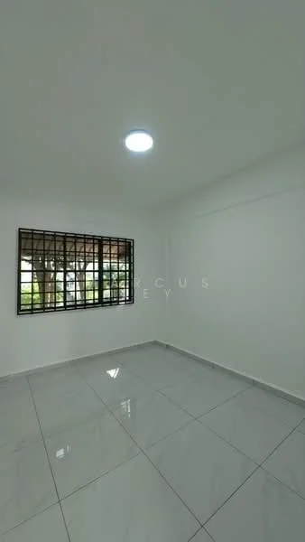 Room features: white painted walls, glossy ceramic tile flooring, square ceiling light, grilled window, natural light from window; style: modern; view: garden.