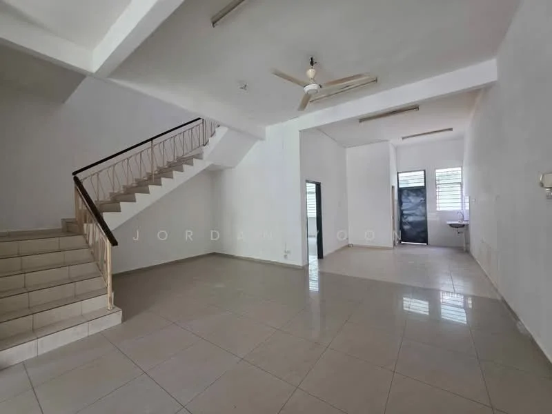 Living features: white painted walls, tile flooring, 5-blade ceiling fan, large windows, sliding glass door, staircase with metal railing, natural light from windows, open layout; style: modern. Room features: white painted walls, tile flooring, large windows, kitchen area visible, natural light from windows.