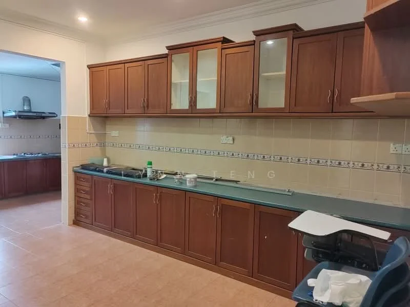Kitchen features: brown wooden cabinetry, green countertop, ceramic tile backsplash, built-in oven, stainless-steel sink, chrome pull-down faucet, under-cabinet lighting, tile flooring, wall-mounted range hood, open shelving, drawer storage, glass-front upper cabinets; style: modern.