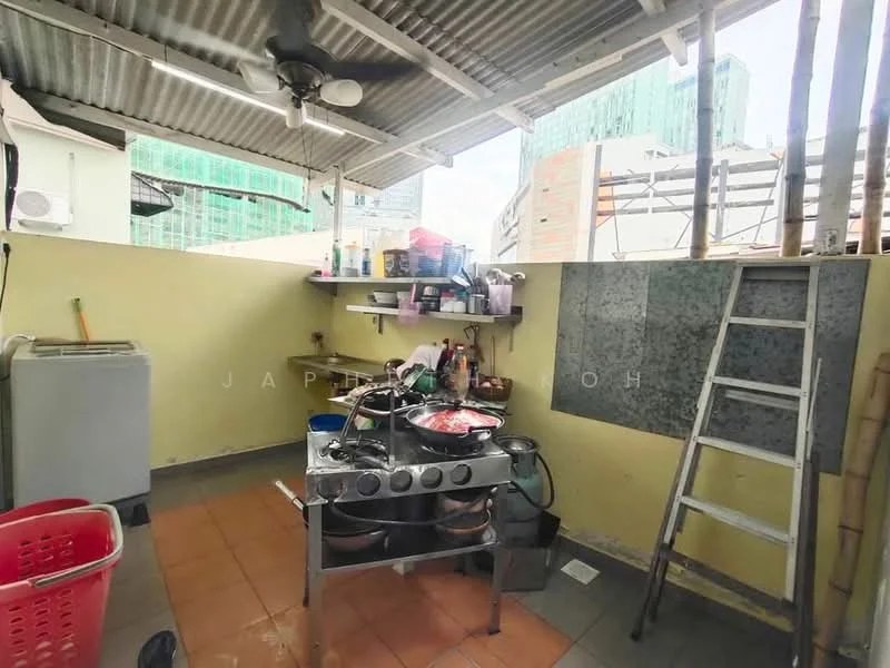 Kitchen features: metal roof, grey walls, orange tiled flooring, stainless-steel cooking stove, exposed shelving, ladder, washing machine, ceiling fan, window with view of city, sink, cooking utensils, storage containers; view: city.