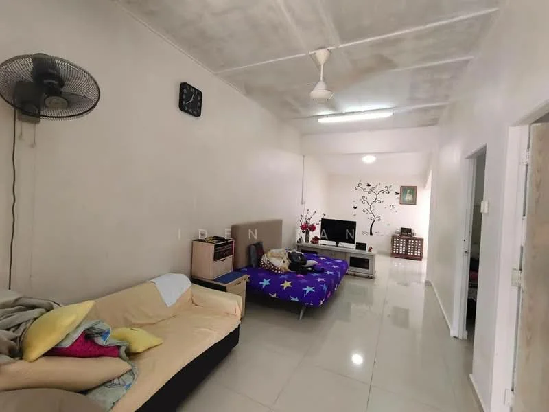 Living features: cream painted walls, polished tile flooring, exposed concrete ceiling, 5-blade ceiling fan, wall clock, sofa with beige upholstery, blue fabric sofa bed with star pattern, TV console, wall-mounted TV, decorative wall art, open shelving unit; style: minimalist.