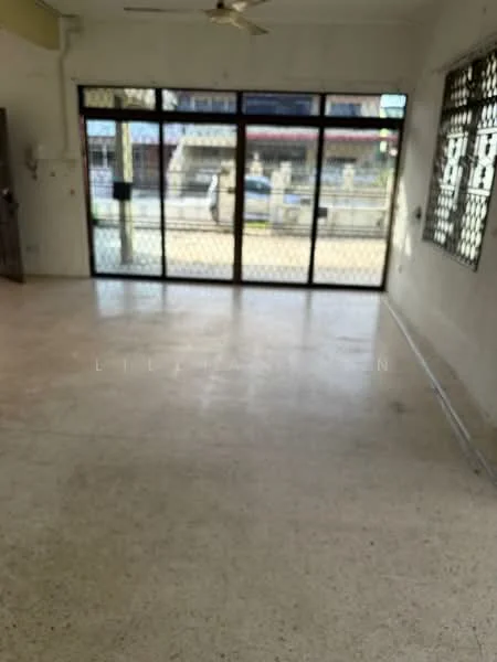 Room features: concrete flooring, large windows, sliding glass door, security grille, plain white walls, ceiling fan, natural light, view of street; style: minimalist; view: street.