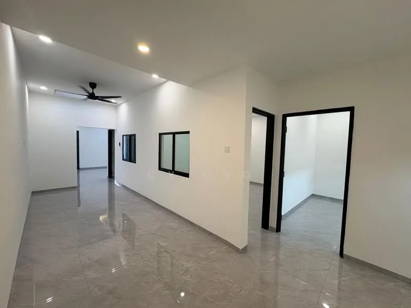 Room features: white painted walls, grey tile flooring, recessed downlights, ceiling fan, multiple doorways, large windows, open layout, neutral color scheme; style: modern.
