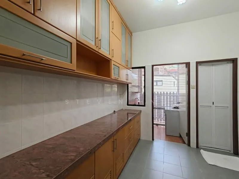 Kitchen features: brown granite countertop, wood cabinetry with glass panels, white tiled backsplash, built-in oven, stainless-steel sink, chrome faucet, floor-to-ceiling windows, sliding glass door, laundry area visible, grey tiled flooring, recessed ceiling lights; style: modern.