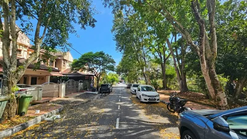Exterior type: linked terrace house; features: tree-lined street, manicured lawns, paved road, residential area, multiple parked cars, surrounding greenery, clear blue sky, leaf litter on the road; style: modern.