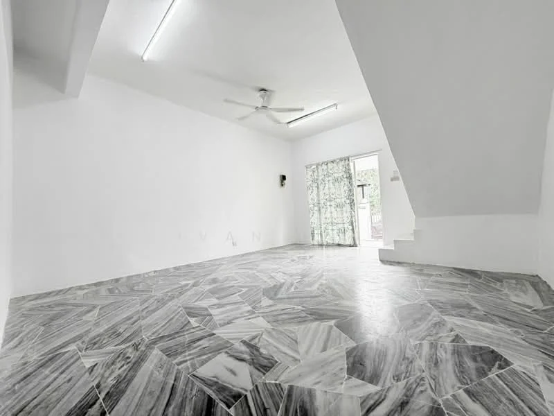 Room features: white painted walls, marble tile flooring, 5-blade ceiling fan, sliding glass door, curtains, staircase, natural light from door, open layout; style: modern.