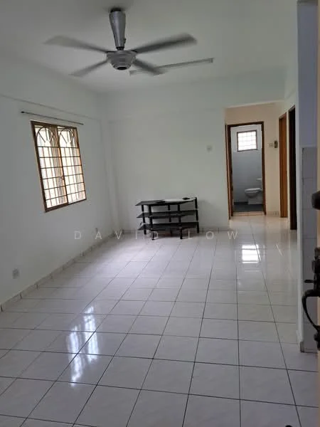 Living features: white painted walls, ceramic tile flooring, 5-blade ceiling fan, large windows with grid pattern, neutral color scheme, open layout, TV console, doorway leading to other rooms. Room features: ceramic tile flooring, white painted walls, doorway leading to bathroom.