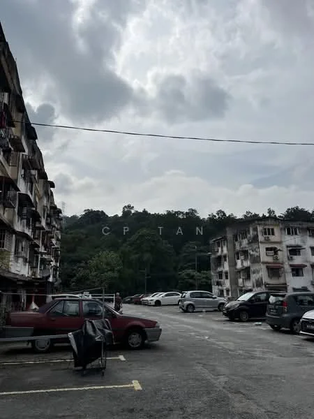 Exterior type: low-rise apartment block; features: multiple-storey building, balconies with railings, parking lot with cars, surrounding greenery, cloudy sky, asphalt parking surface; style: traditional.