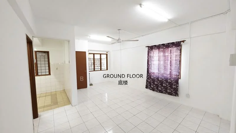 Room features: white painted walls, white tiled flooring, ceiling fan, large windows with grid pattern, curtains with floral pattern, light fixtures on ceiling, open layout, door leading to another room; style: modern.