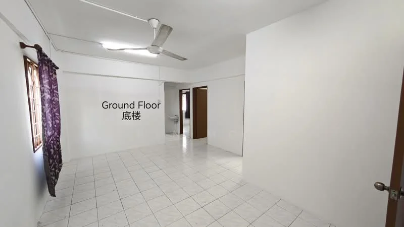 Living features: white painted walls, white tiled flooring, ceiling fan, window with sheer curtains, doorway leading to another room, corner with laundry area visible, no visible furniture, natural light from window.