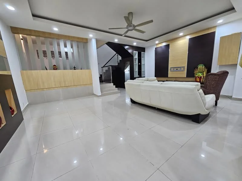 Living features: white leather sectional sofa, marble tile flooring, recessed LED downlights, ceiling fan, feature wall with wood paneling, dark accent wall, open staircase, decorative wall niche, built-in cabinetry, neutral wall color; style: modern.