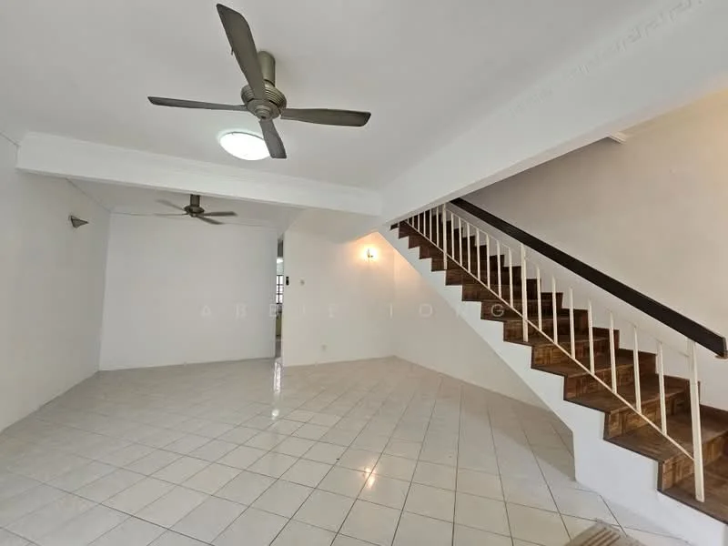 Living features: white painted walls, glossy ceramic tile flooring, 5-blade ceiling fan, recessed ceiling light, staircase with wooden steps and white railing, large open space, natural light from windows, no visible furniture; style: modern.