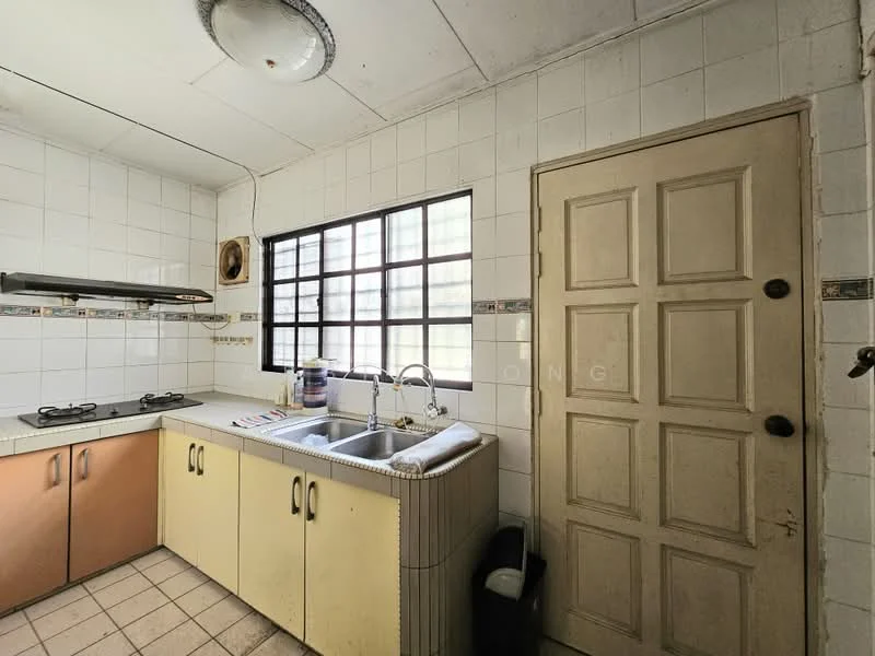 Kitchen features: white tiled walls, cream cabinetry, double-bowl stainless-steel sink, chrome pull-down faucet, 2-burner gas hob, exhaust hood, window with grid pattern, door with panel design, tile flooring, countertop with edge trim.