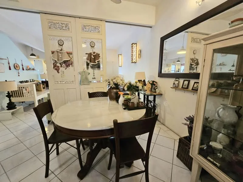 Dining features: round marble dining table, 4 wooden dining chairs, white tiled flooring, decorative wall mirror, built-in display cabinet, framed photographs, decorative vases, wall-mounted light fixtures, white painted walls, wooden sliding doors with decorative panels; style: traditional. Room features: white painted walls, decorative wall art, hanging pendant lights.