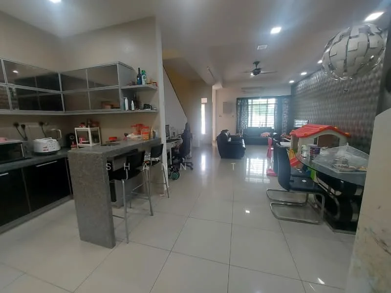 Kitchen features: granite countertop, black cabinetry, stainless-steel microwave, stainless-steel fridge, built-in oven, 4-burner gas hob, bar stools, open shelving; style: modern. Living features: 3-seater fabric sofa in black, coffee table, TV console, wall-mounted TV, area rug, large window with sheer curtains, decorative wall paneling; style: modern. Dining features: round dining table, upholstered dining chairs, children's playhouse, decorative items on table; style: modern.
