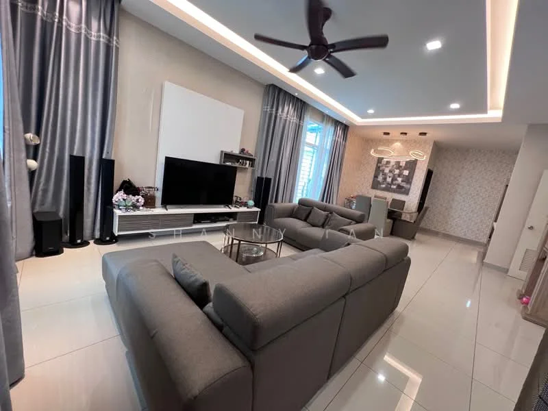 Living features: grey fabric sectional sofa, 3-seater sofa, glass coffee table, wall-mounted TV, white TV console, floor-to-ceiling windows, sheer curtains, recessed LED downlights, 5-blade ceiling fan with light, decorative wall art, light-coloured accent wall, tile flooring; style: modern.