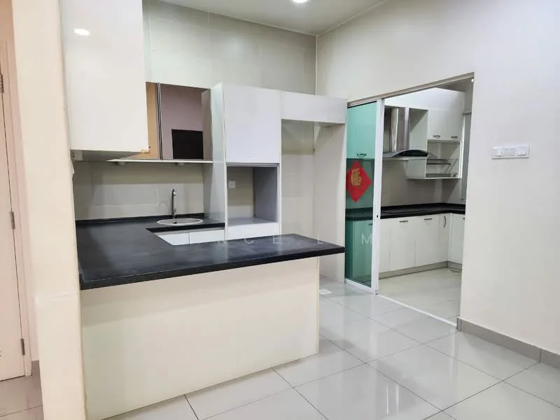Kitchen features: black countertop, white cabinetry, single-bowl stainless-steel sink, chrome pull-down faucet, built-in oven, stainless-steel fridge, ceramic tile flooring, wall-mounted cabinets, open shelving, sliding glass door, recessed lighting; style: modern.