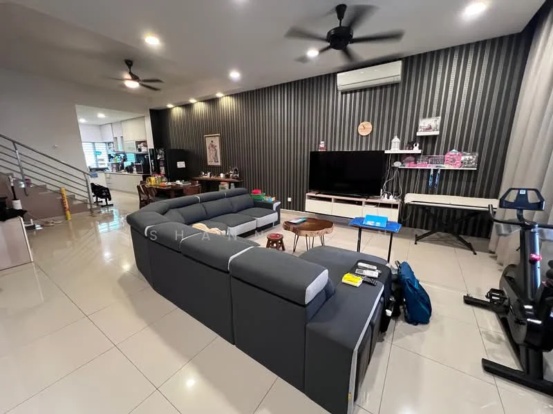 Living features: L-shape sectional sofa in grey, coffee table, wall-mounted TV, TV console, ceiling fan, recessed downlights, decorative wall with vertical stripes, polished tile flooring, exercise bike, open layout to kitchen, air conditioning unit; style: modern.