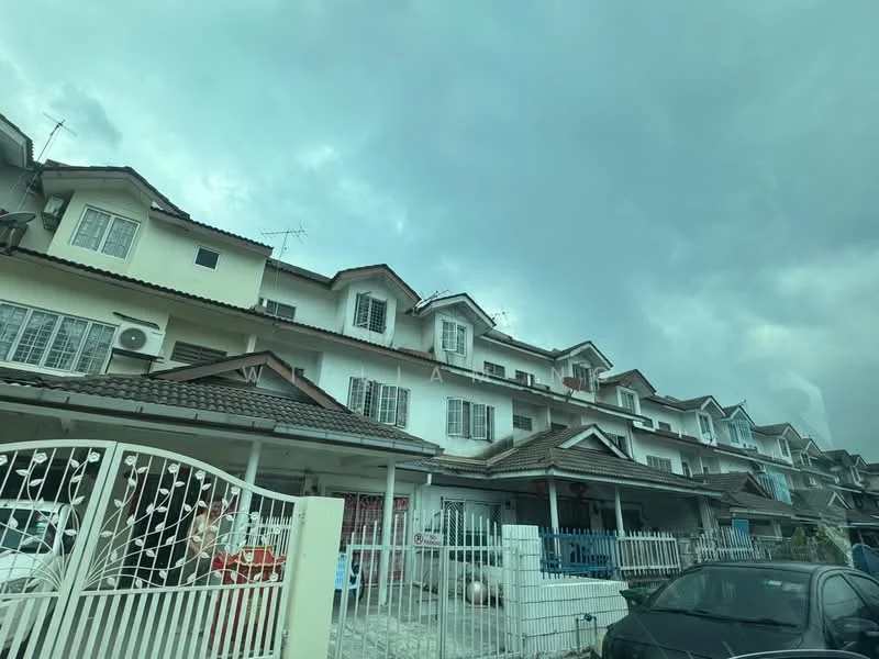 Exterior type: linked terrace house; features: two-storey building, white painted facade, brown tiled roof, multiple gabled roofs, balconies with railings, visible air conditioning units, front yard with gate, paved driveway, surrounded by cloudy sky; style: modern.