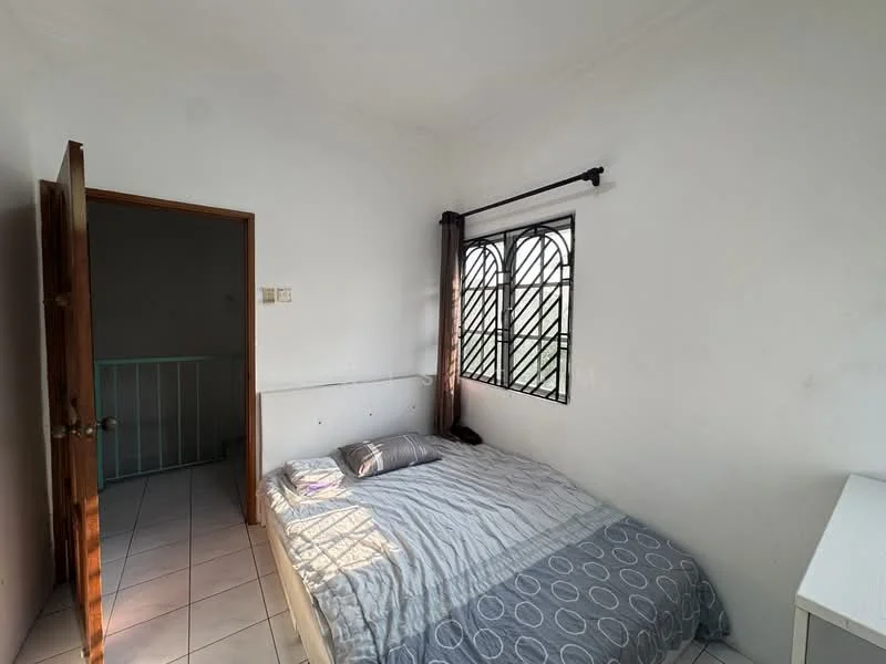 Bedroom features: double bed with grey bedding, white painted walls, tiled flooring, black metal window with grid pattern, curtains in dark color, wooden door, built-in wardrobe, natural light from window; style: minimalist.