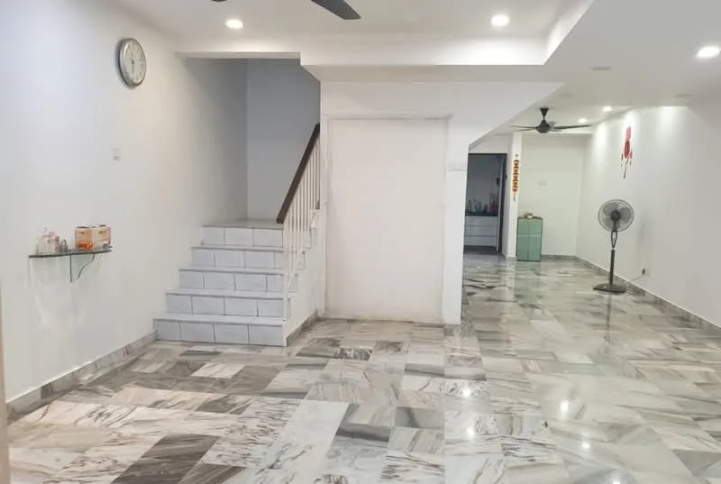 Room features: marble flooring, white painted walls, staircase with white railing, ceiling lights, ceiling fan, wall clock, open layout, ventilation fan; style: modern.