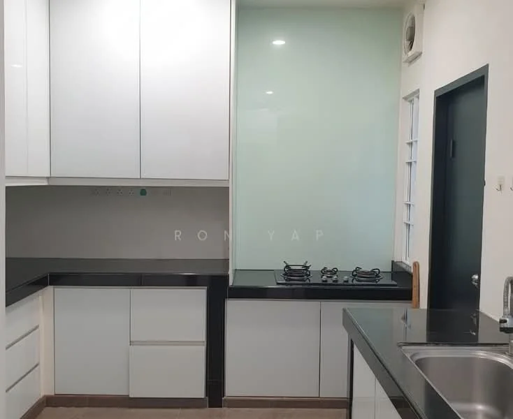 Kitchen features: white cabinetry, black countertop, glass backsplash, built-in gas hob, stainless-steel sink, single-bowl stainless-steel sink, modern faucet, under-cabinet lighting, tile flooring, wall-mounted cabinets, open shelving; style: modern.
