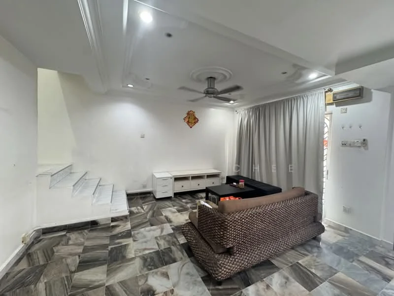 Living features: white painted walls, marble tile flooring, tray ceiling, 5-blade ceiling fan with light, curtains, sofa in brown wicker, coffee table, TV console, staircase leading to upper floor, recessed downlights; style: modern.