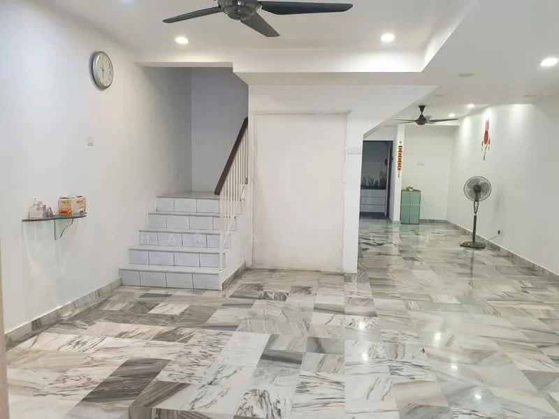 Room features: marble flooring, white painted walls, ceiling fan, staircase with white railing, wall clock, glass shelf, floor-to-ceiling windows, recessed downlights; style: modern.