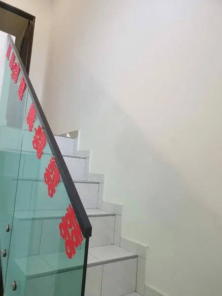 Room features: white painted walls, glass railing with red text, white tiled flooring, staircase with risers, modern design; style: modern.